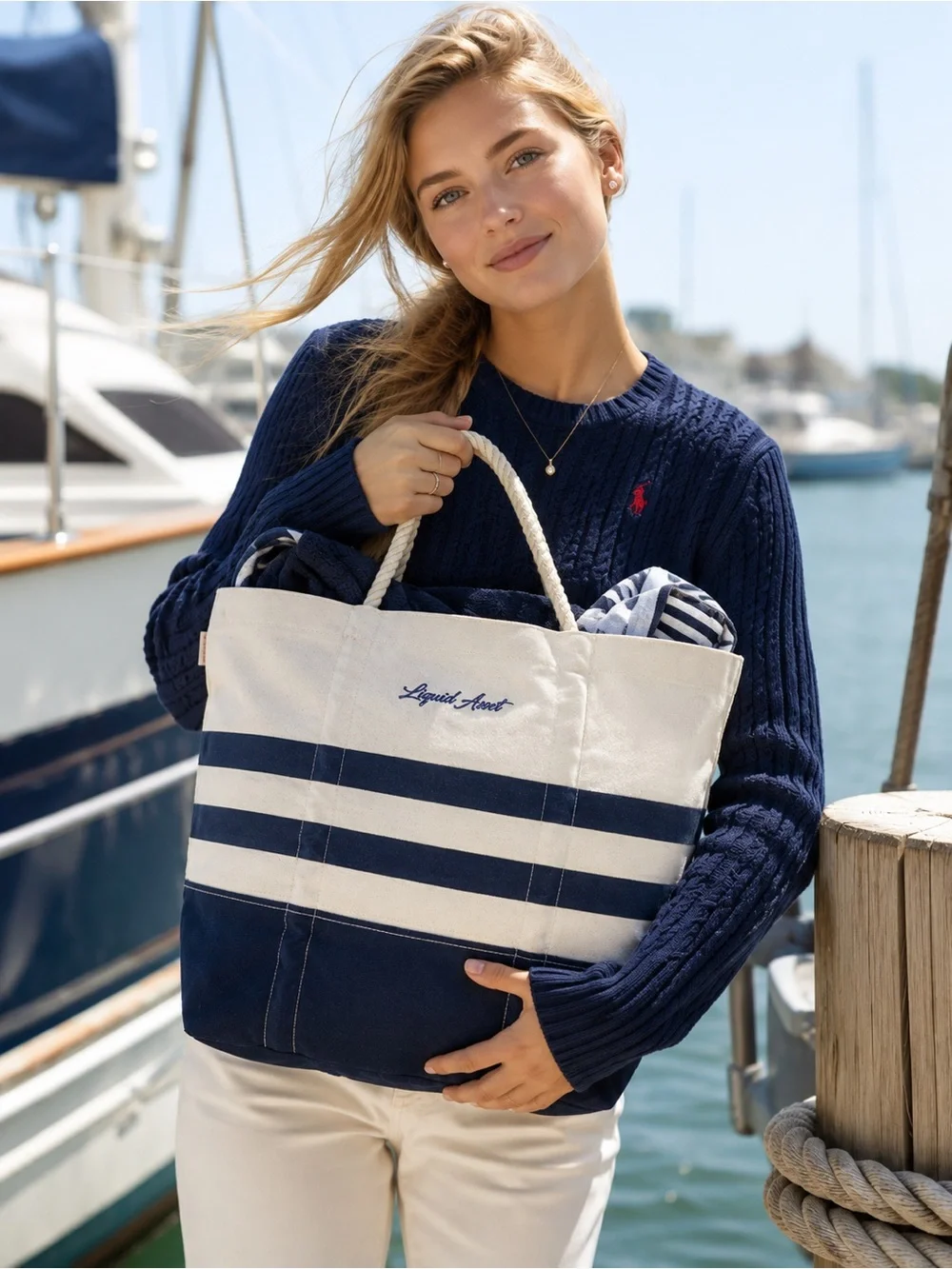 Liquid Asset Boat Tote White Navy Blue Stripe Thick Canvas Rope Handles Nautical